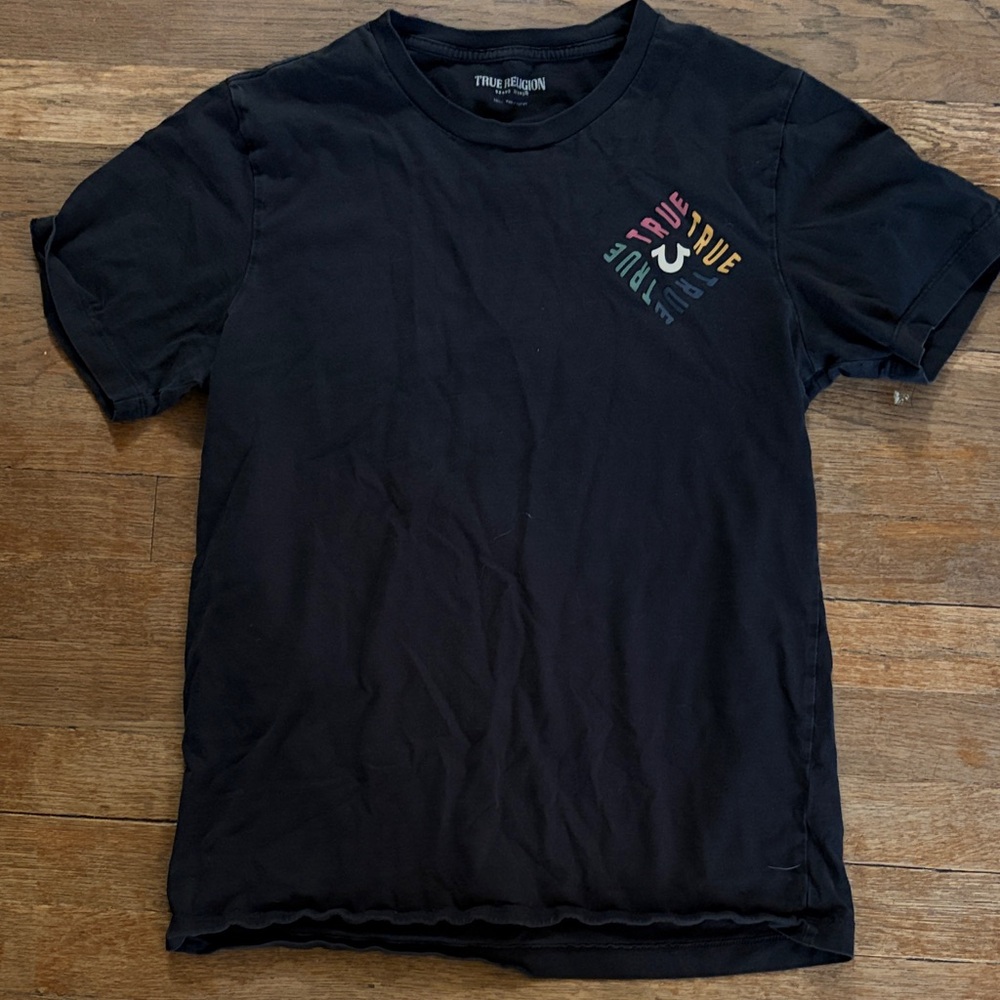 True Religion Black Short Sleeve Tee with Rainbow Chest Logo